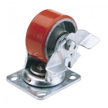Swivel Plate Fixing Heavy Duty Polyurethane Wheel with Brake, 125mm Diameter, S.W.L. 300kg Swivel Plate Fixing Heavy Duty Polyurethane Wheel with Brake, 125mm Diameter, S.W.L. 300kg